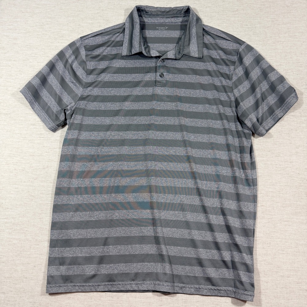 Old Navy Polo Shirt Mens L Gray Good Striped Go-Dry Performance Short Sleeve